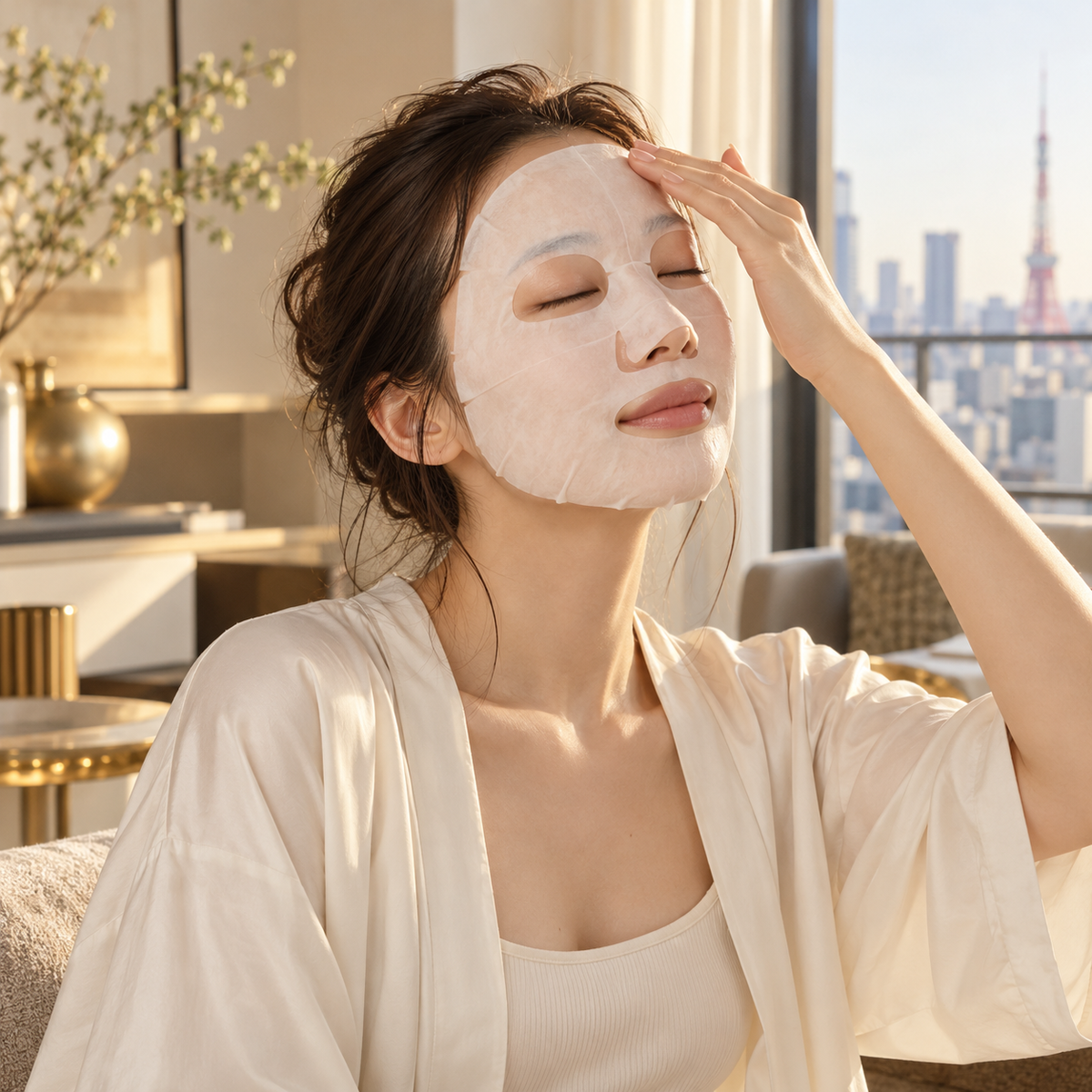 Illustrative skincare model wearing a sheet mask for Tokyo LuLuLun