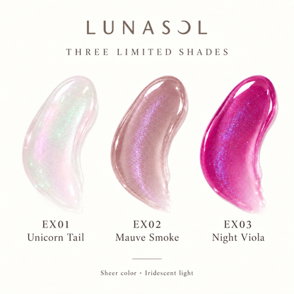 EX01 Unicorn Tail, EX02 Mauve Smoke, EX03 Night Viola swatch guide