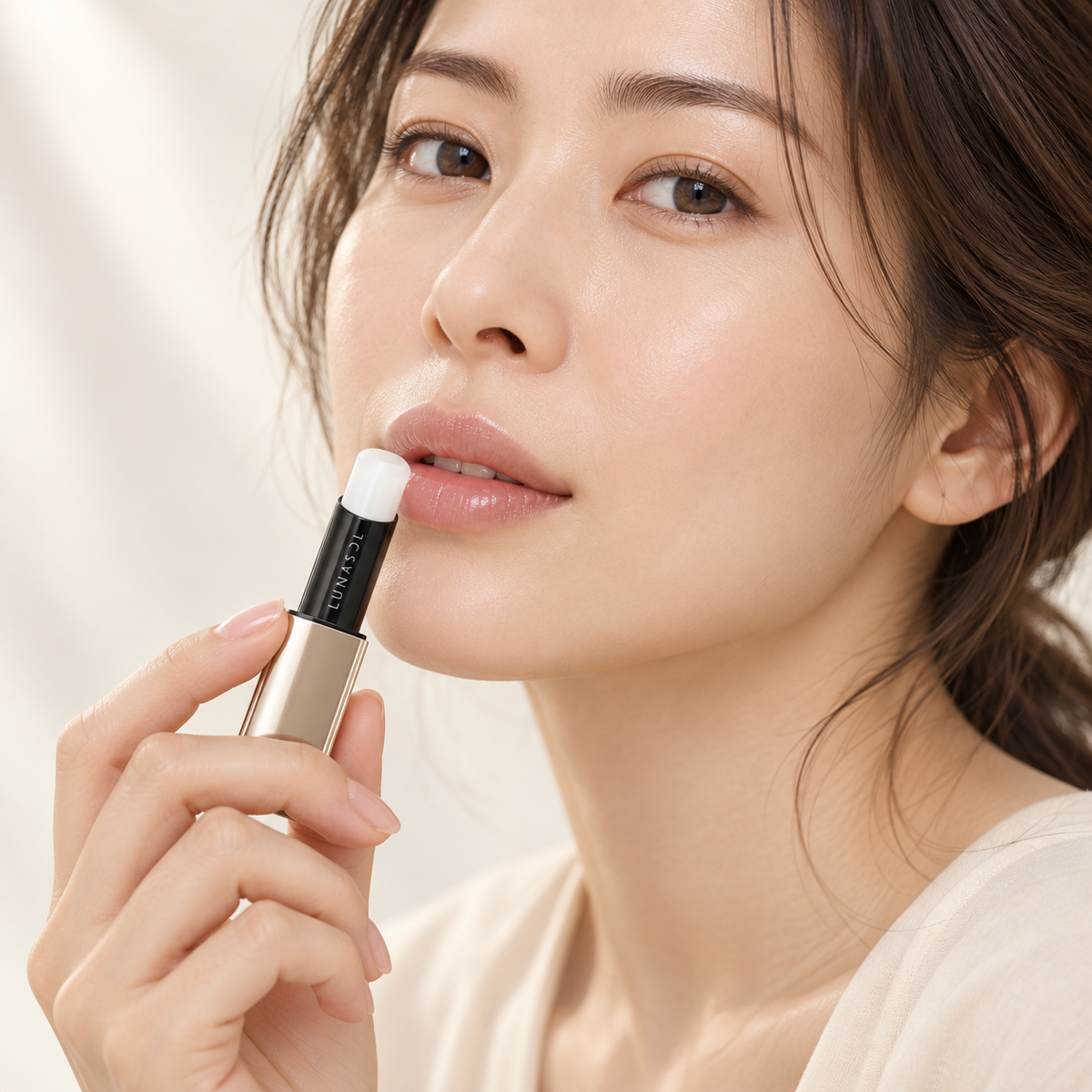 Japanese model applying colorless LUNASOL Mellow Fit Balm