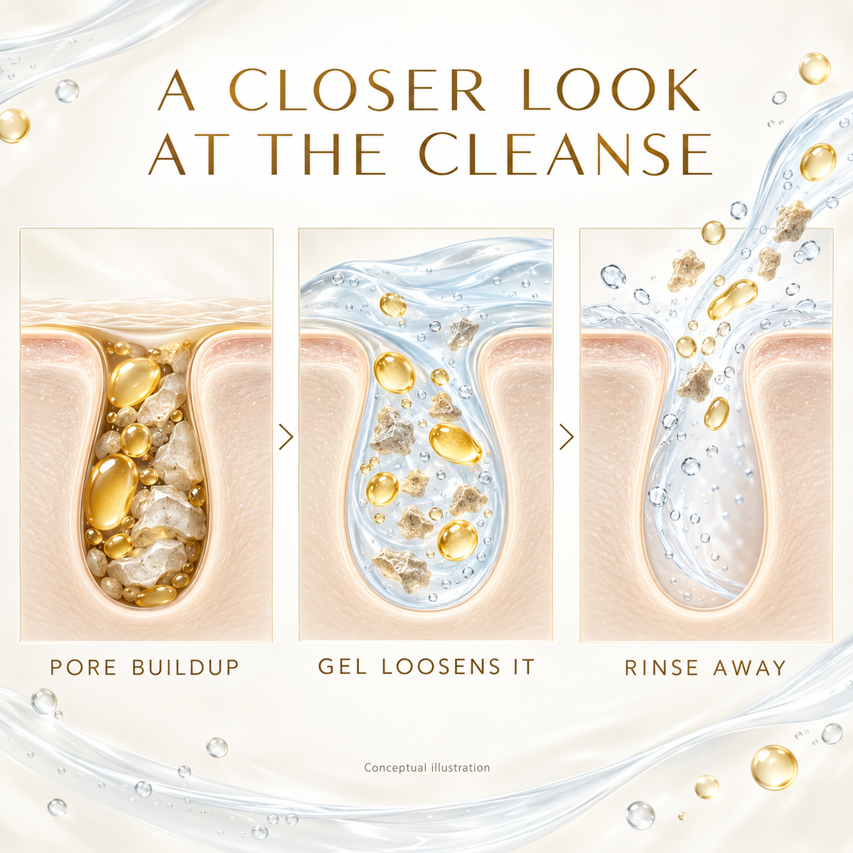 Conceptual illustration showing LUNASOL gel loosening pore buildup and rinsing it away