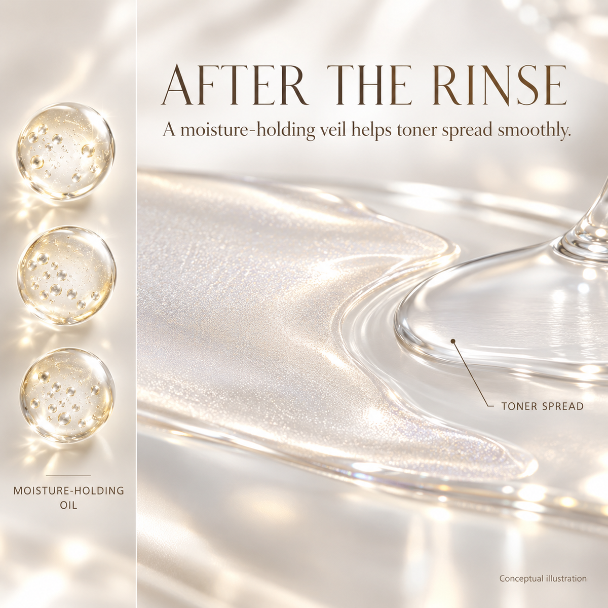 Conceptual illustration of moisture-holding oil veil helping toner spread after rinsing