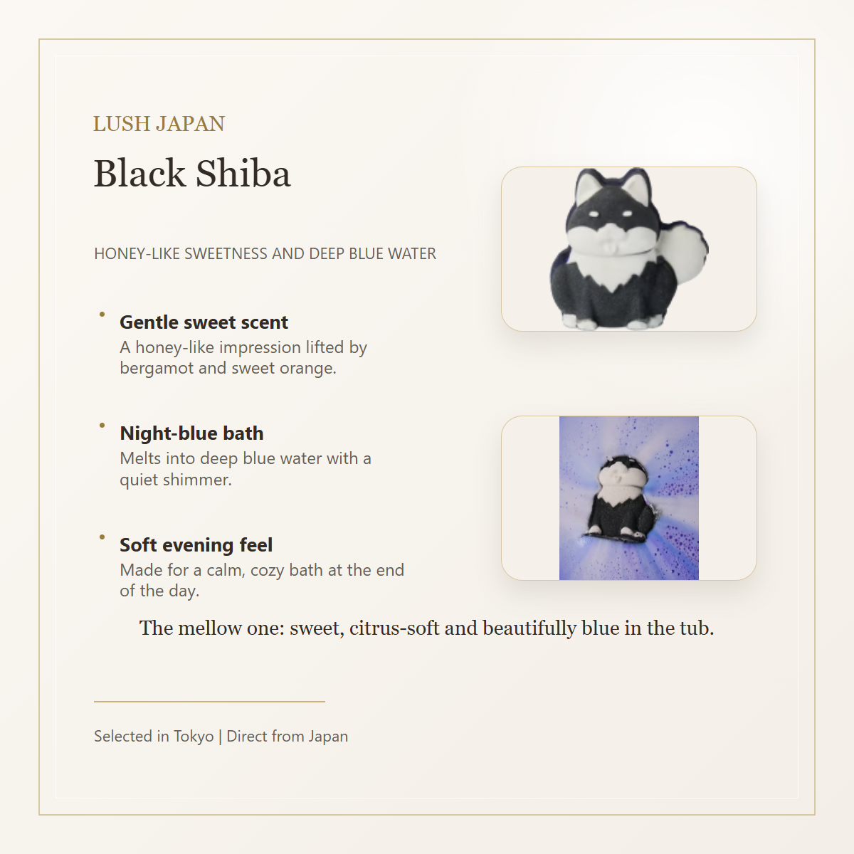 LUSH Black Shiba bath bomb honey-like citrus deep blue bath water