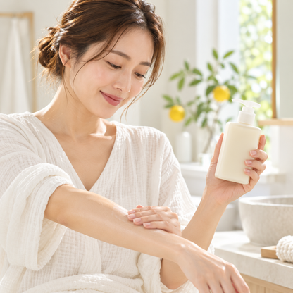 Japanese woman applying M-mark Yuzu Body Lotion while holding the pump bottle