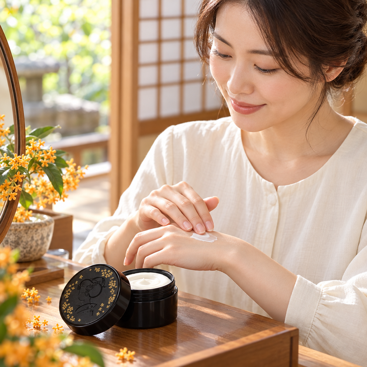 Japanese model applying Maiko Kosume Kinmokusei cream