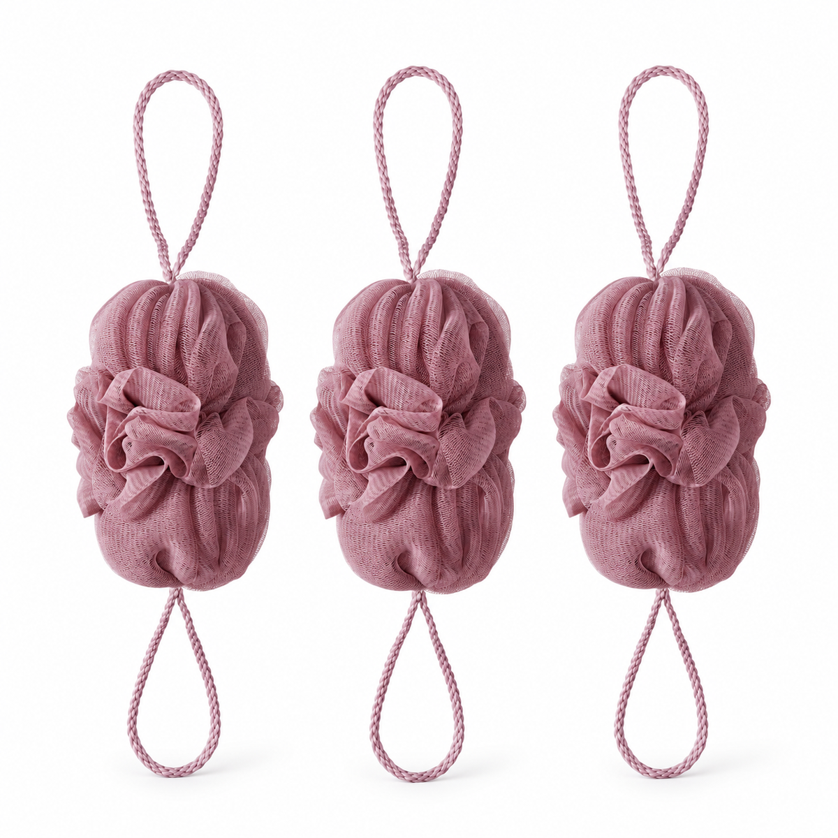 Three MARNA Ash Plum Pink stretchable body-washing mesh balls on white