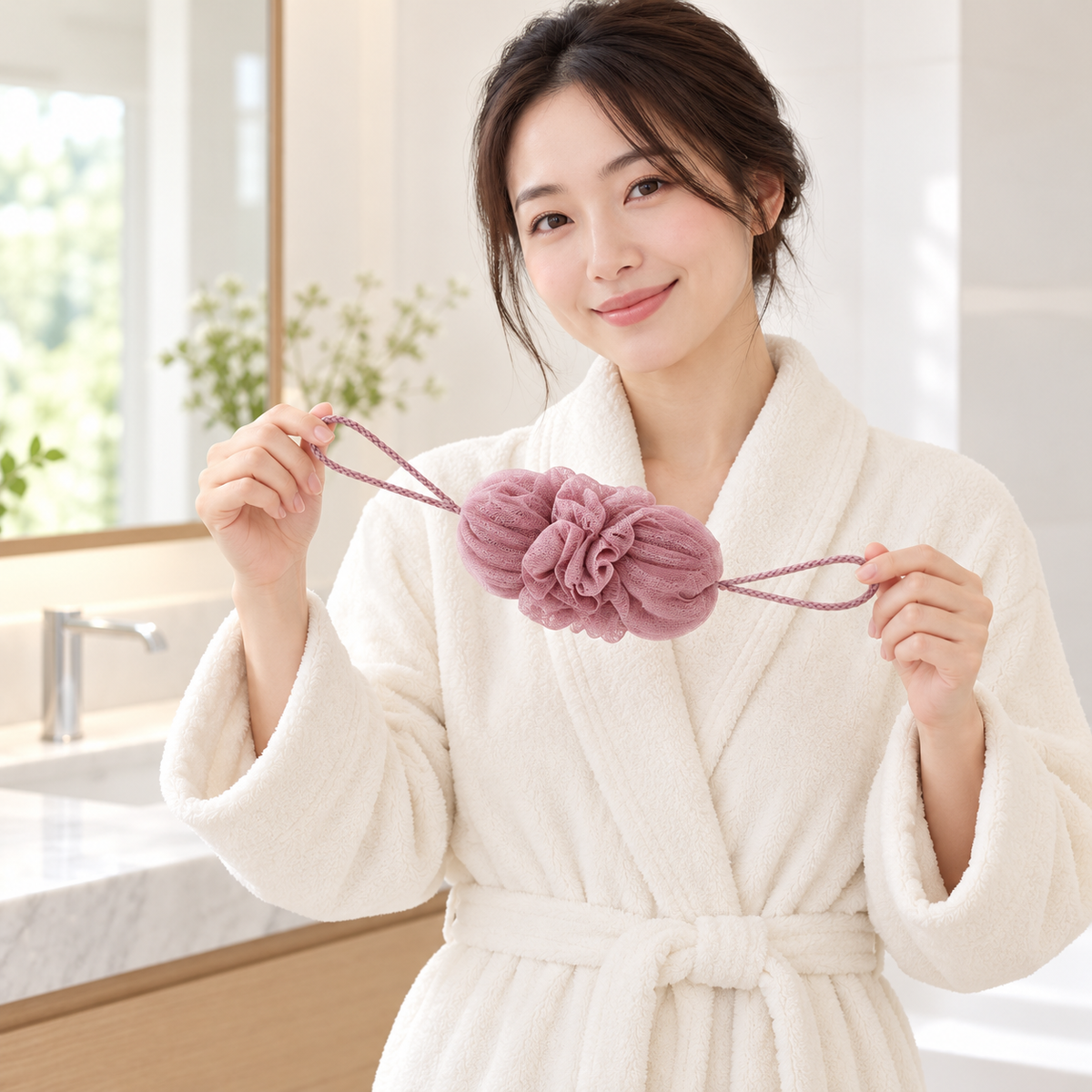 Japanese model holding one MARNA plum pink stretchable mesh ball by both loops
