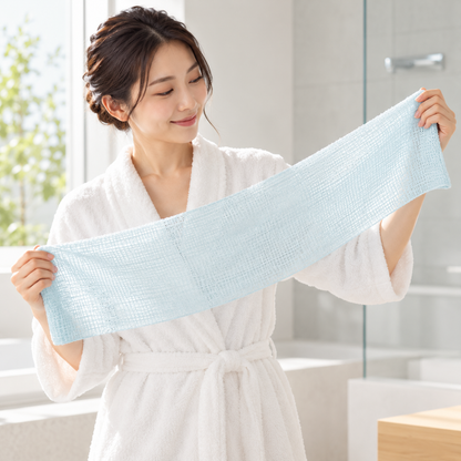 Japanese model holding the blue MARNA Awawan mesh body towel