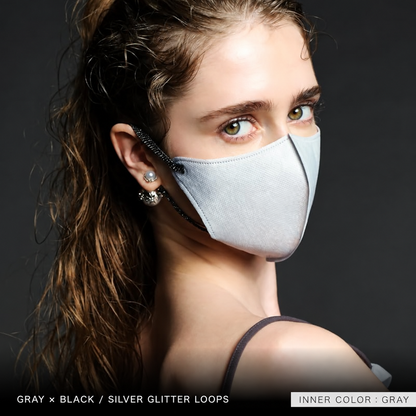 MASCODE Glitter String Gray mask with Black and Silver Glitter Loops