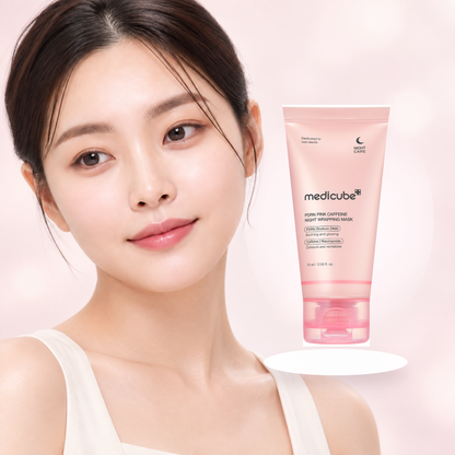 Japanese skincare model with Medicube PDRN Pink Caffeine Night Wrapping Mask