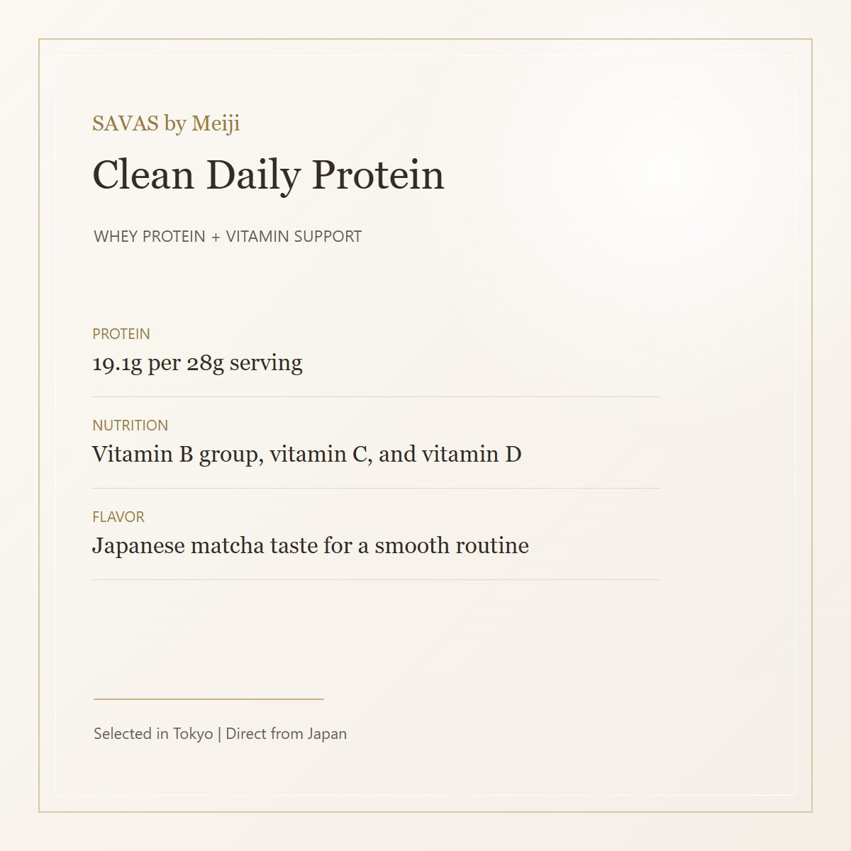 Meiji SAVAS Whey Protein 100 Matcha 980g protein and vitamin features