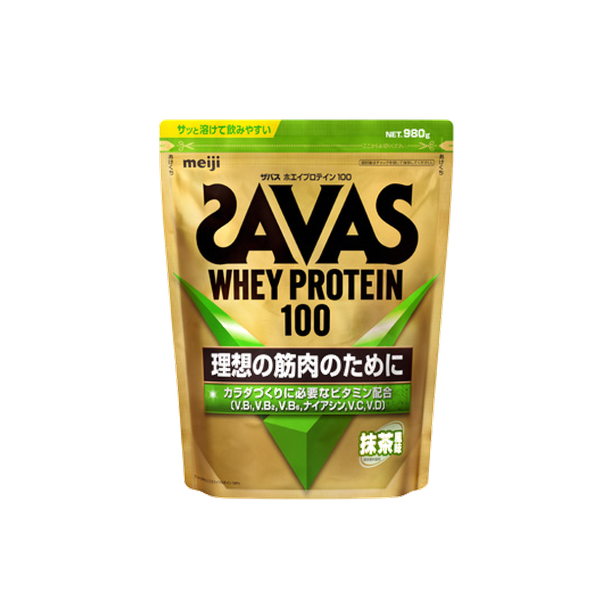 Meiji SAVAS Whey Protein 100 Matcha 980g pouch on white background