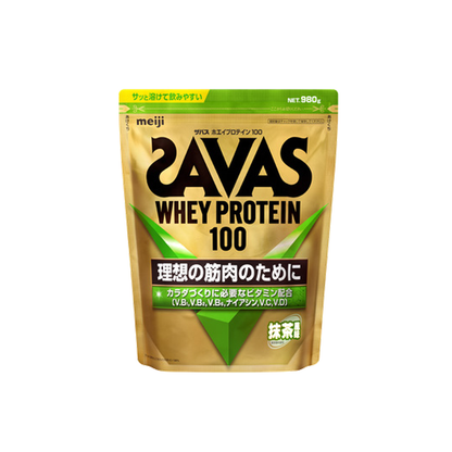 Meiji SAVAS Whey Protein 100 Matcha 980g pouch on white background