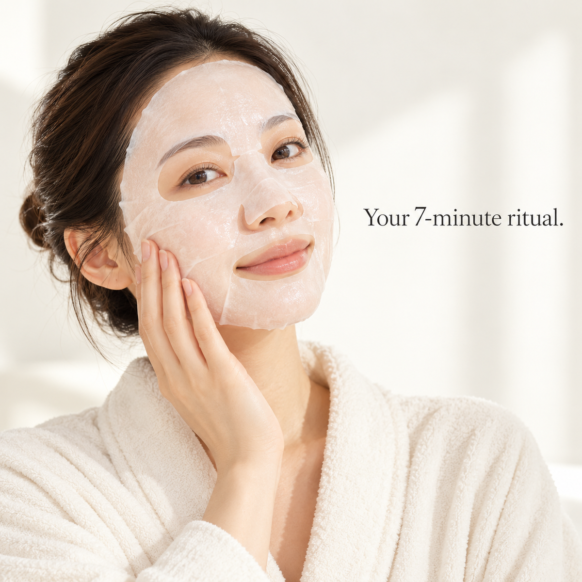 Illustrative Japanese model wearing a facial sheet mask for a 7-minute skincare ritual