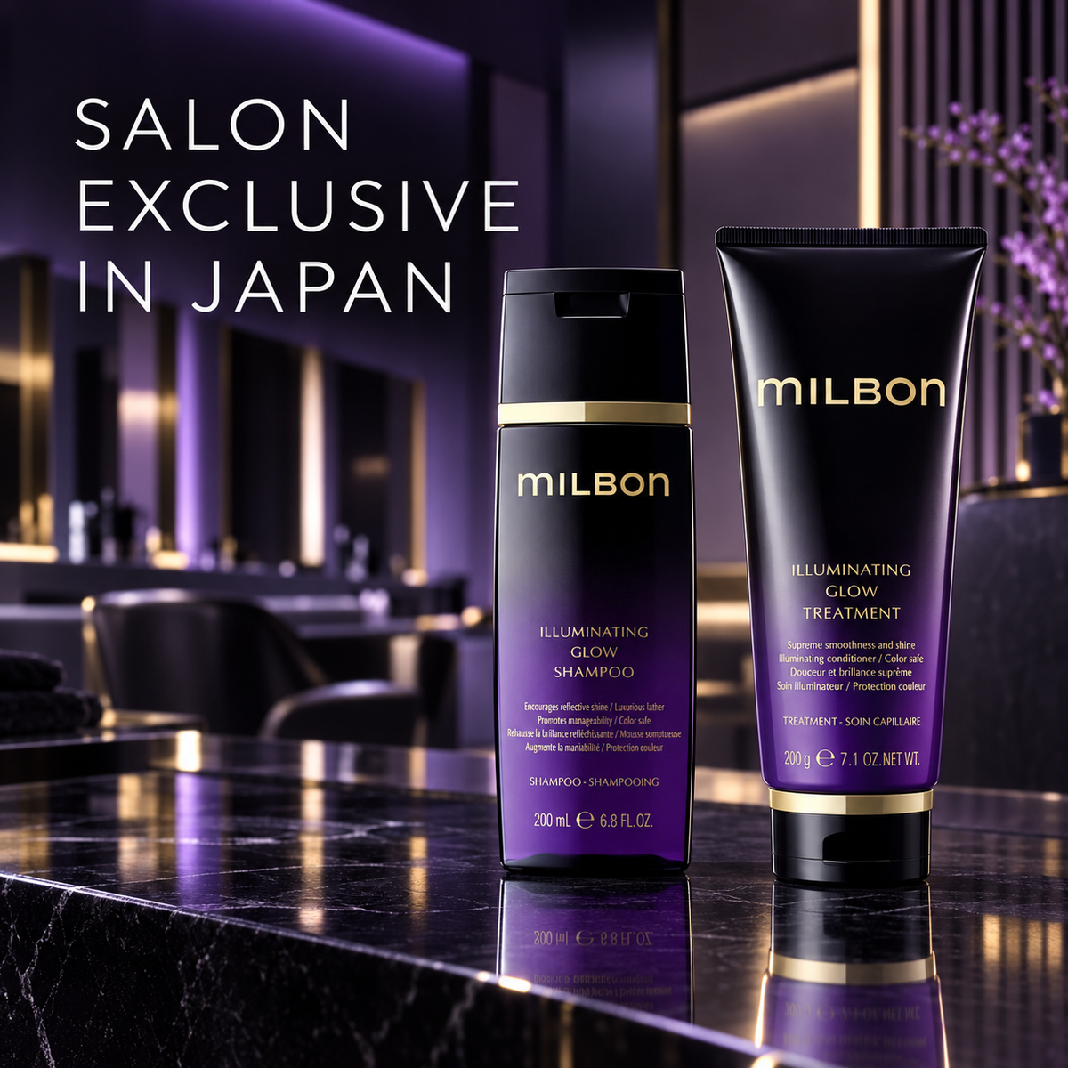 MILBON Illuminating Glow salon-exclusive hair care in a modern Japanese salon