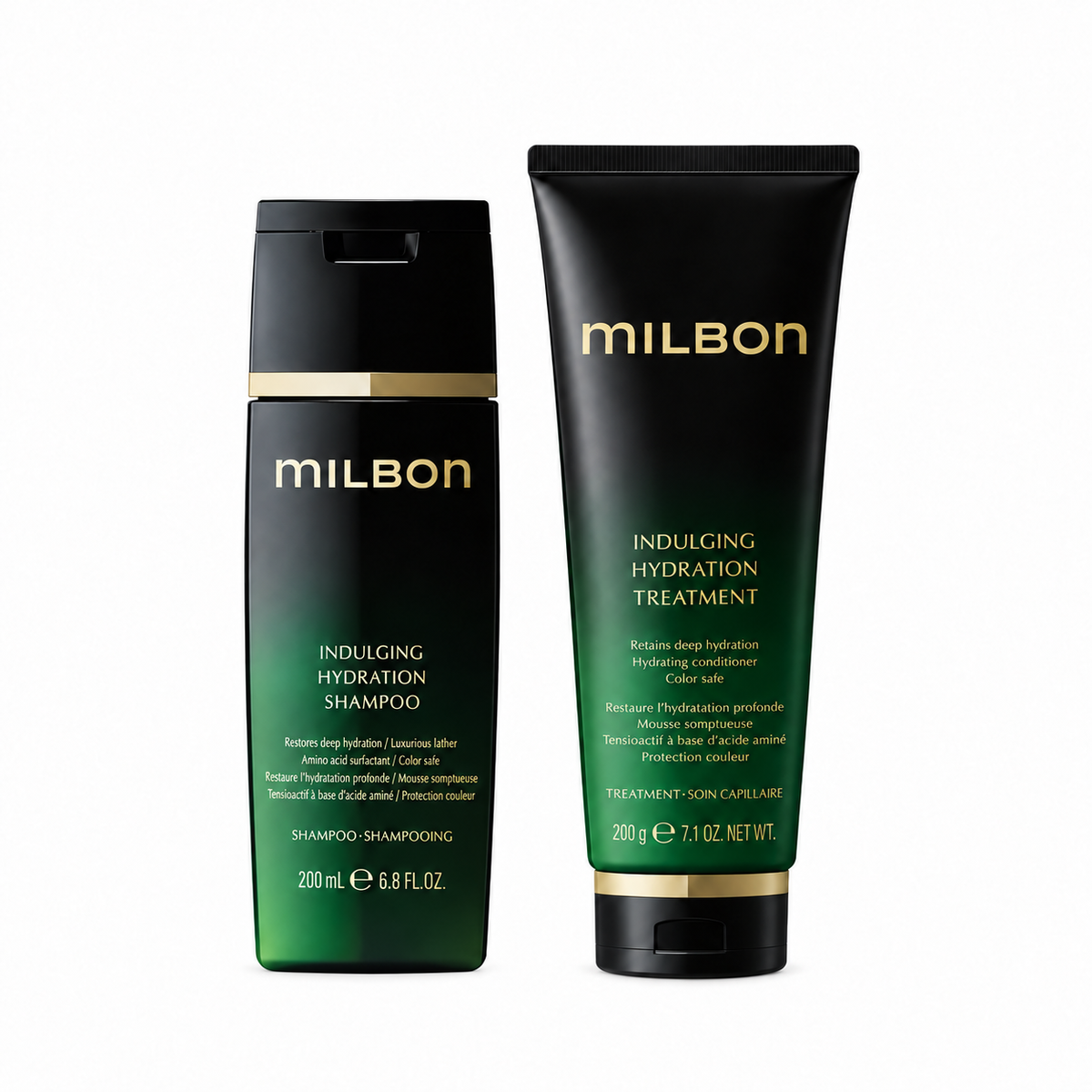 MILBON Indulging Hydration Shampoo 200mL and Treatment 200g set on a white background