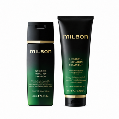 MILBON Indulging Hydration Shampoo 200mL and Treatment 200g set on a white background