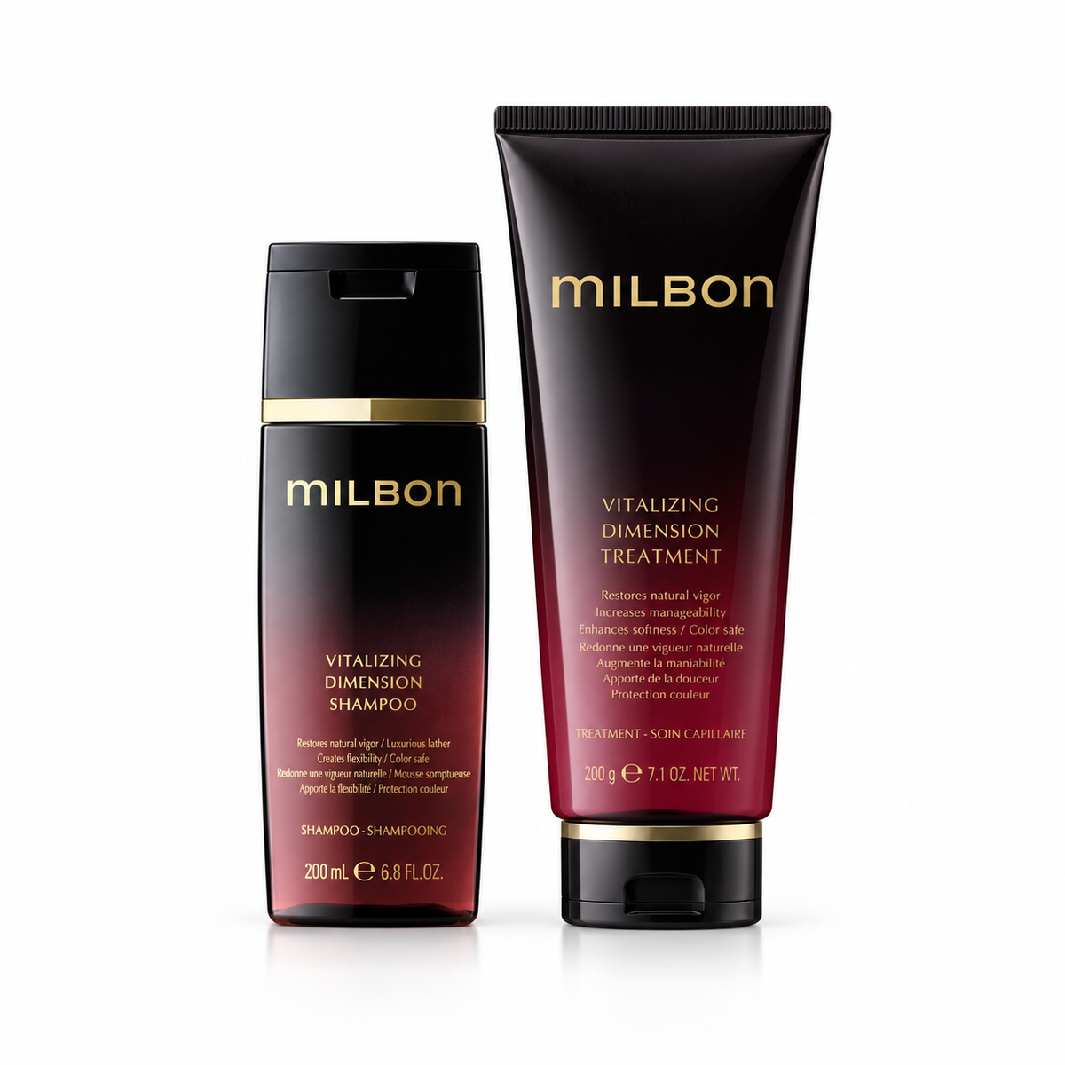 MILBON Vitalizing Dimension Shampoo 200mL and Treatment 200g set on a white background