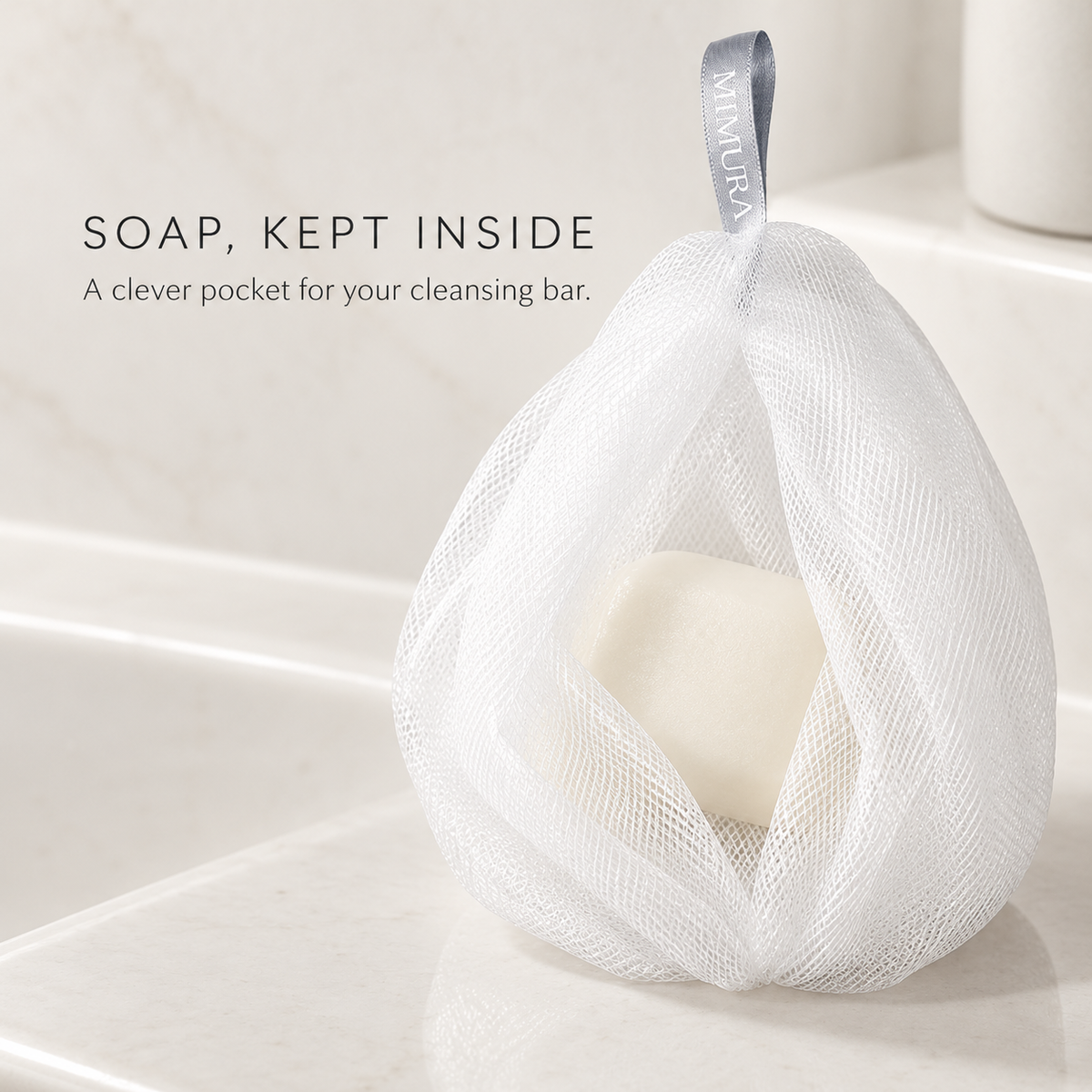 Cleansing bar placed inside the MIMURA mesh net, for illustration only
