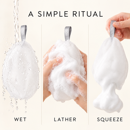 Three steps: wet the net, lather cleanser, squeeze out foam