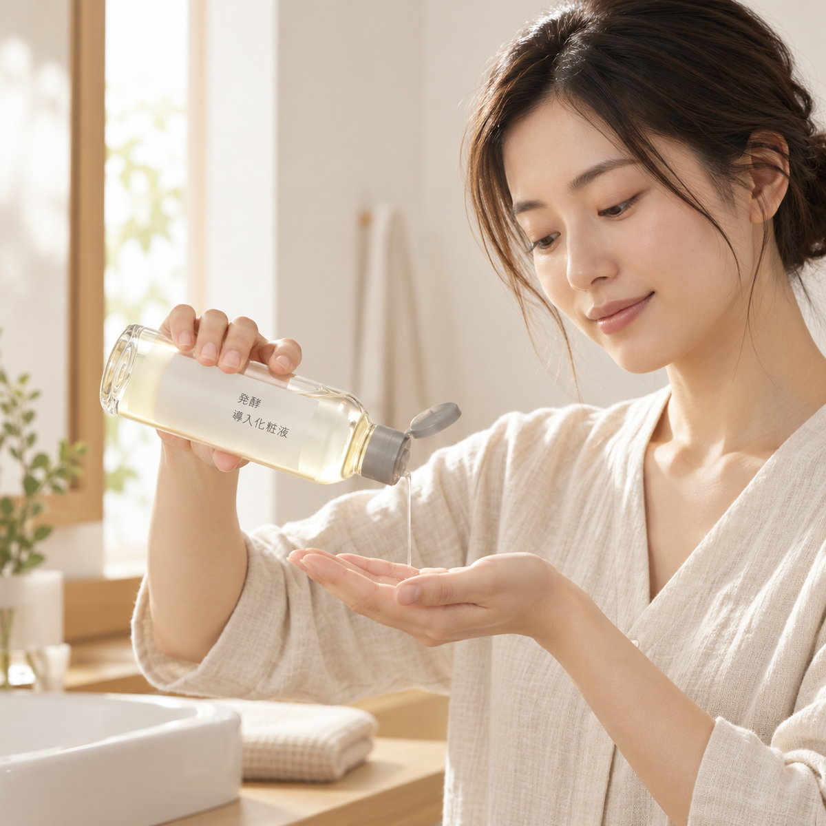 Japanese model using MUJI booster lotion, illustrative