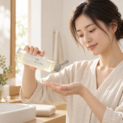 Japanese model using MUJI booster lotion, illustrative