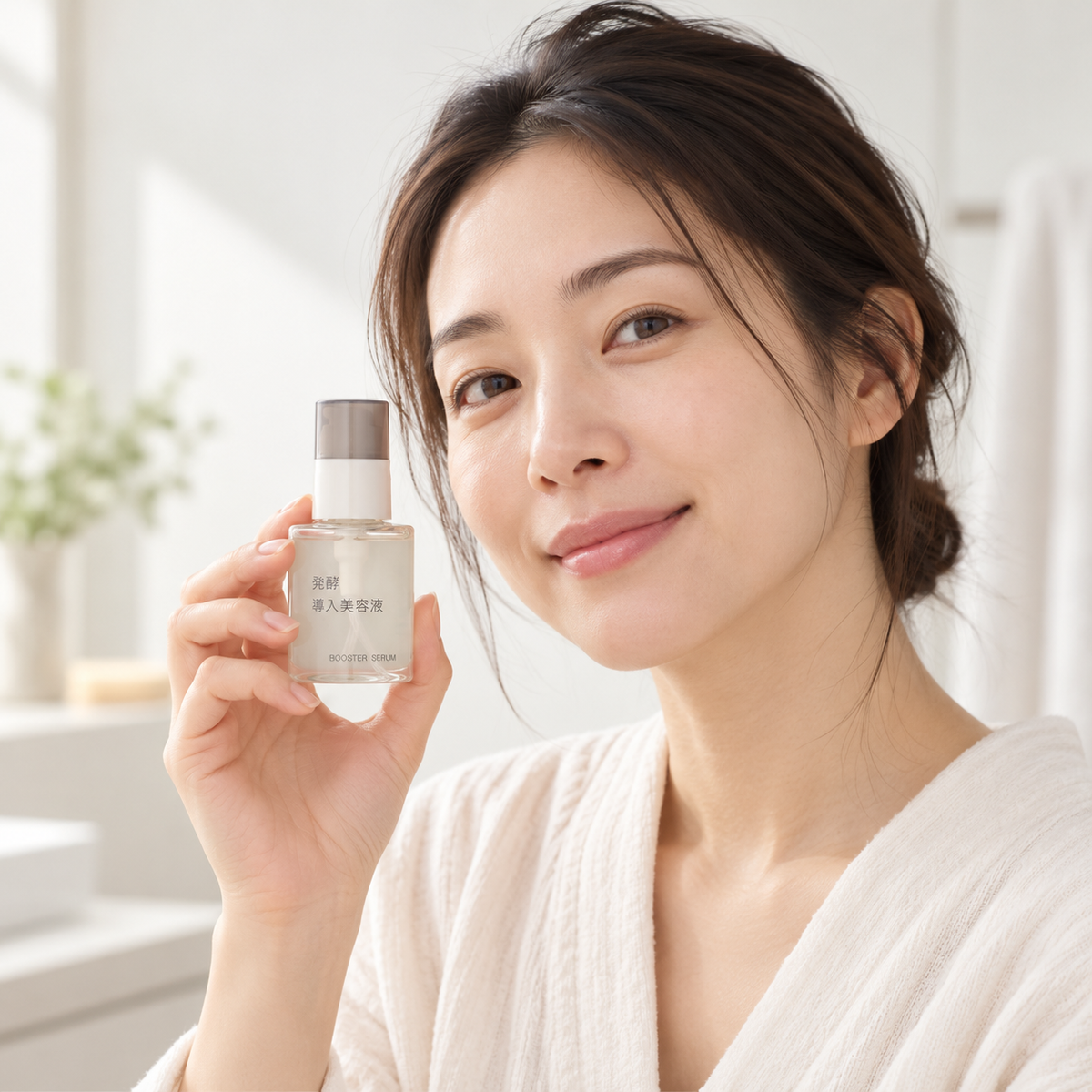 Japanese model holding a 50mL bottle of MUJI Fermented Booster Serum