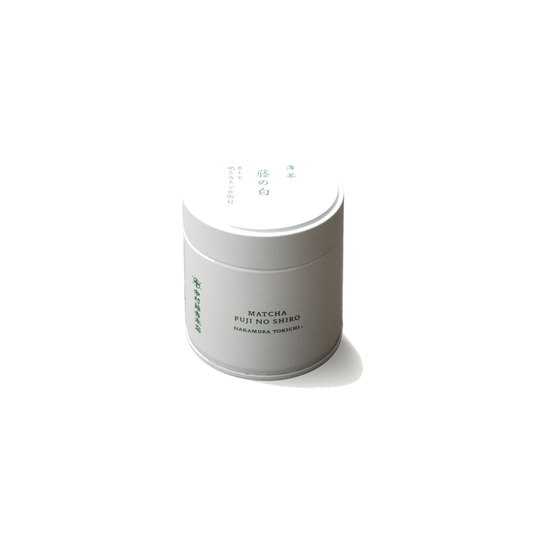 Nakamura Tokichi Fujino Shiro Matcha 30g tin on white background