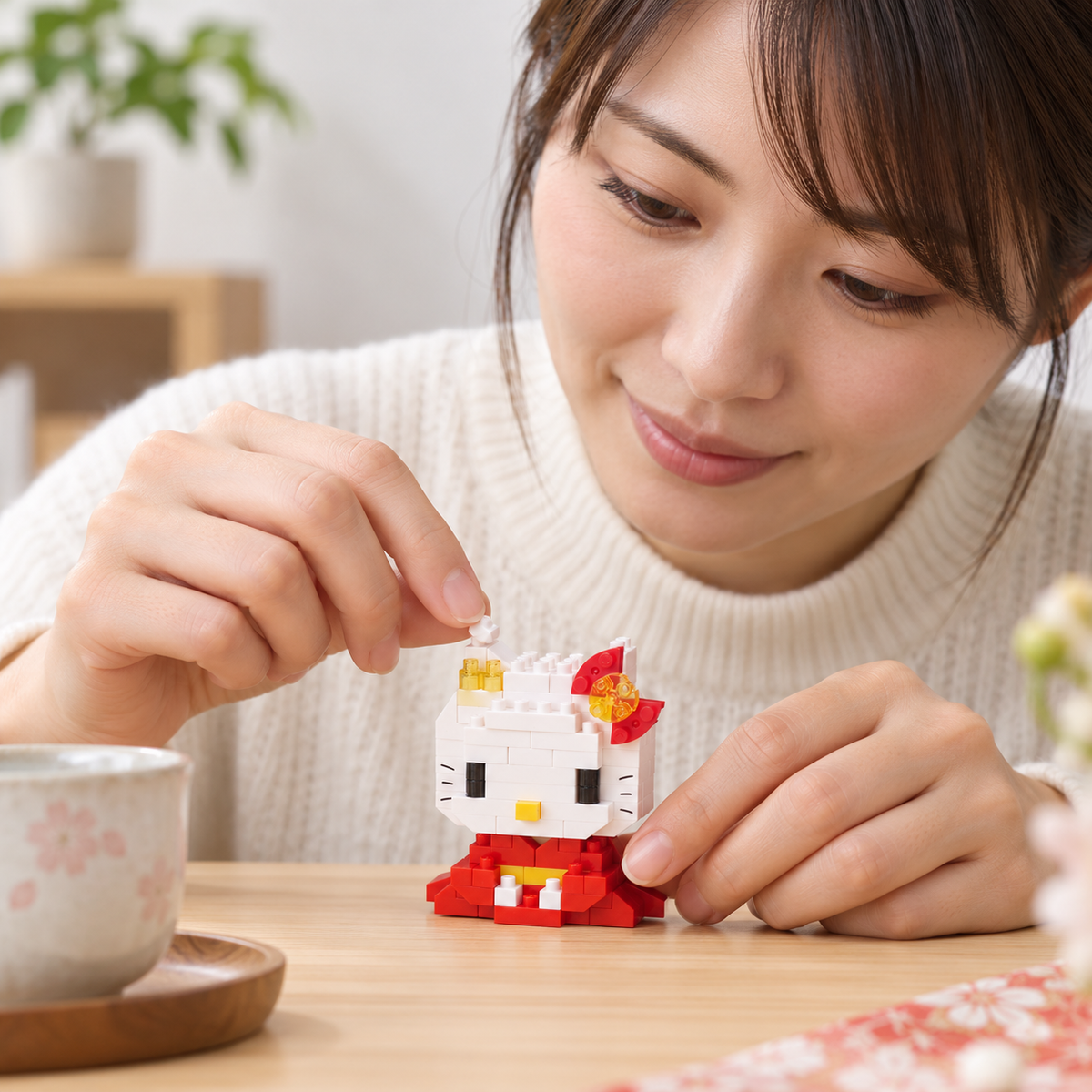 Illustrative generated image of an adult building nanoblock Hello Kitty Kimono