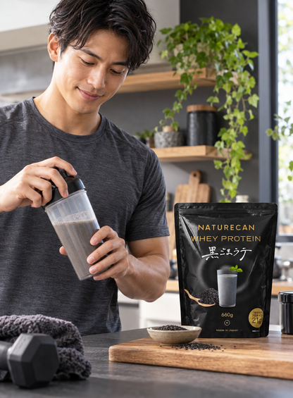 Japanese man preparing a Naturecan Black Sesame Latte protein shake