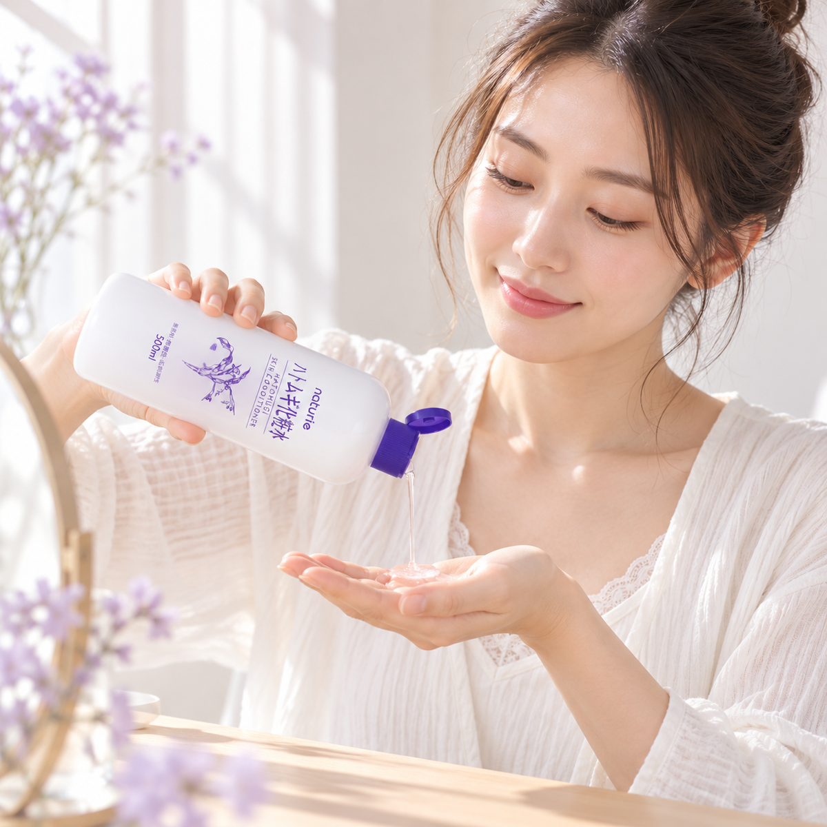 Japanese model applying naturie Hatomugi toner, illustrative