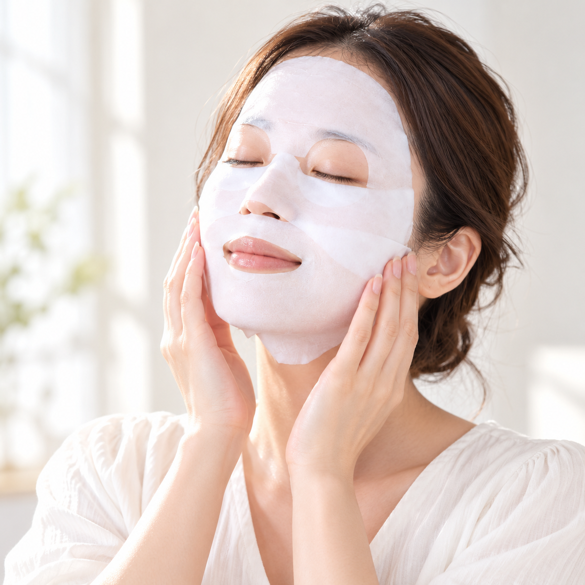 Original Japanese model wearing the two-piece SKINLISM sheet mask