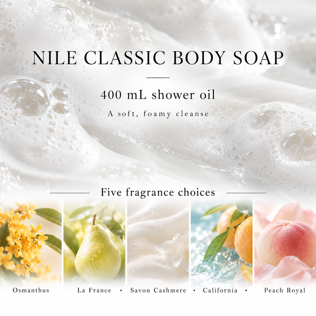 English NILE body soap features and scents