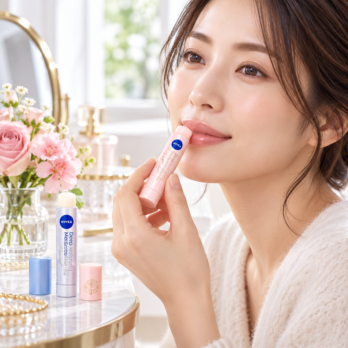 Woman applying NIVEA Deep Moisture Lip Serum Stick
