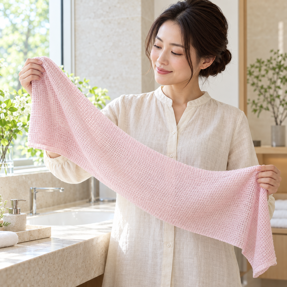 Lifestyle image of a Japanese model holding a long body towel