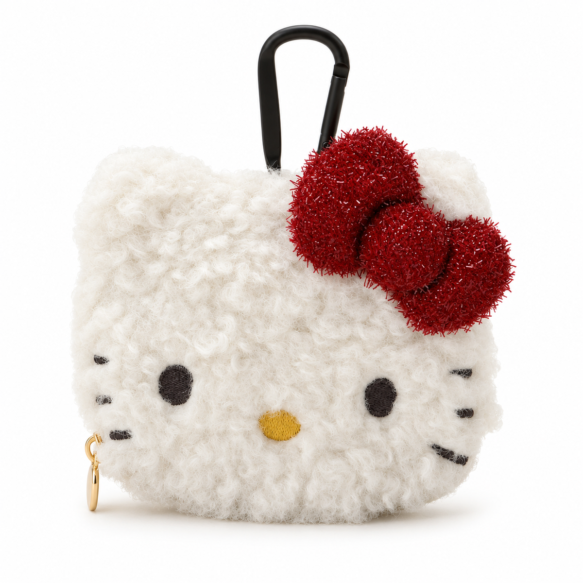 Hello Kitty off-white boa face pouch with red bow and black carabiner