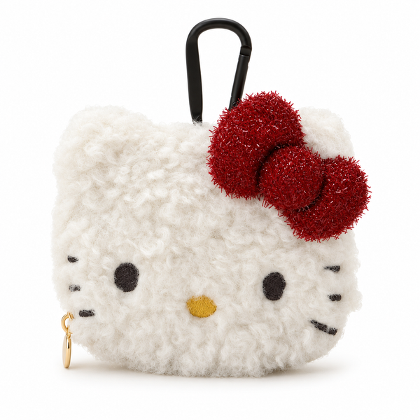 Hello Kitty off-white boa face pouch with red bow and black carabiner