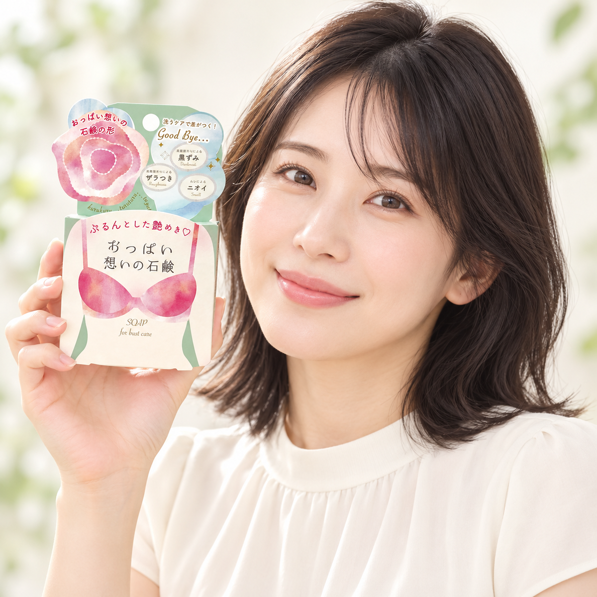 Japanese model holding the boxed Pelican Oppai Omoi bust care soap