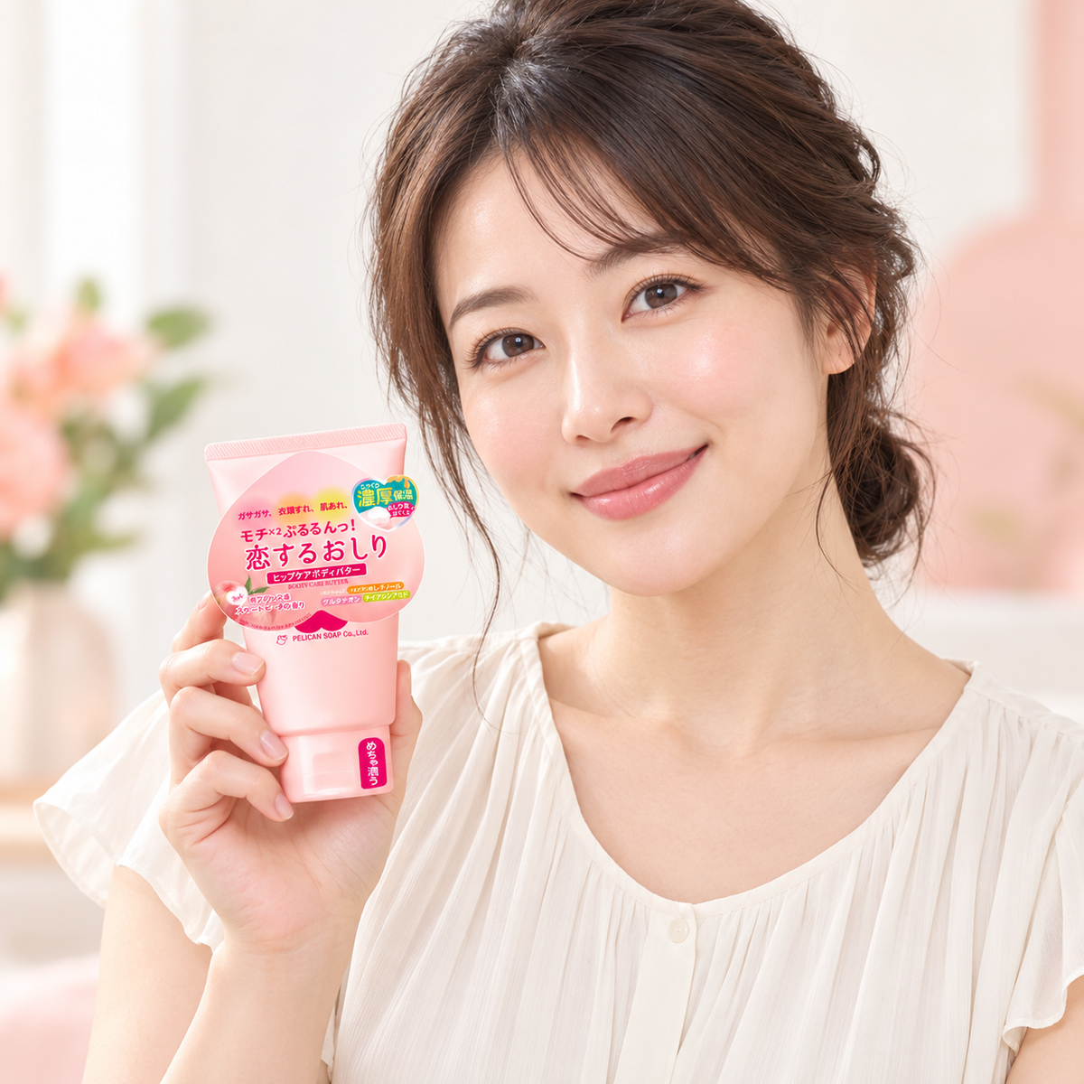 Japanese model holding Koi Suru Oshiri Hip Care Body Butter 100g