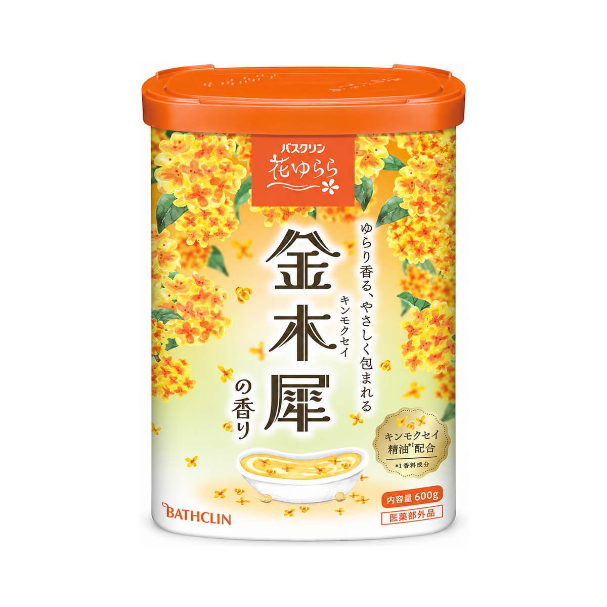 Bathclin Hanayurara Medicated Bath Powder – Golden Osmanthus, 600 g — produto em um fundo branco