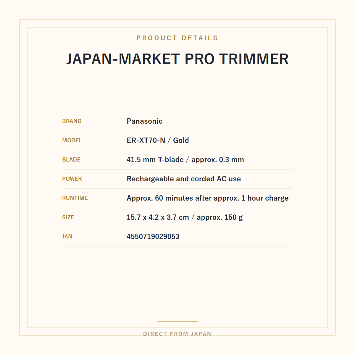 Panasonic ER-XT70-N Pro T-Blade Trimmer Gold THE BARIKAN product details