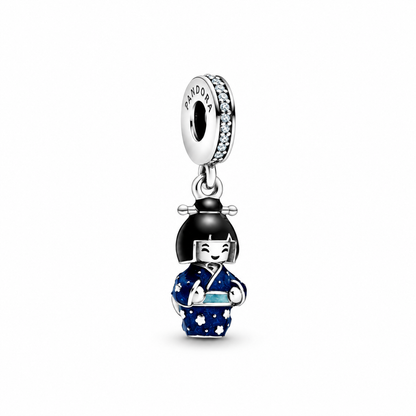 Pandora blue kimono doll charm on white square background