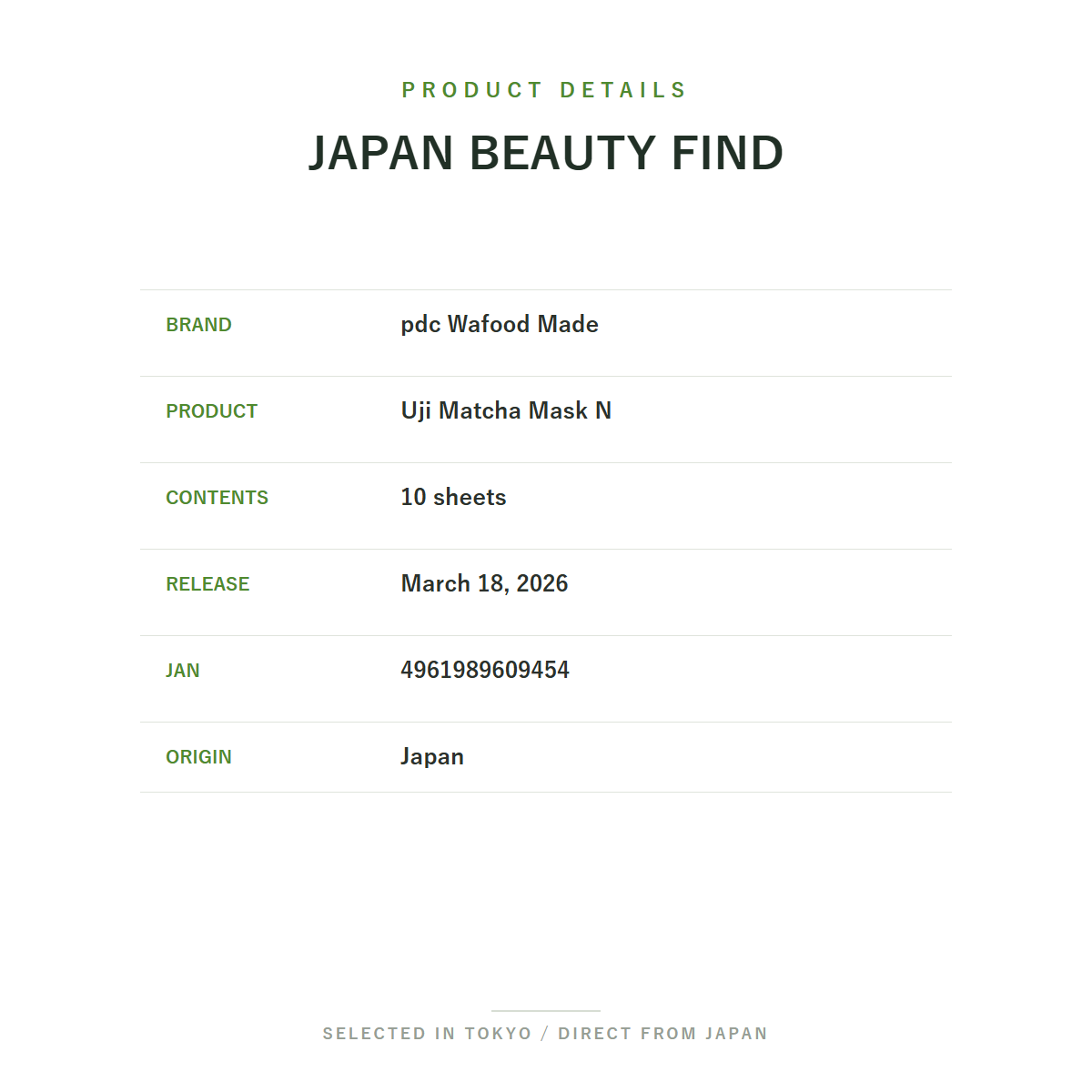 pdc Wafood Made Uji Matcha Mask N 10 Sheets product details