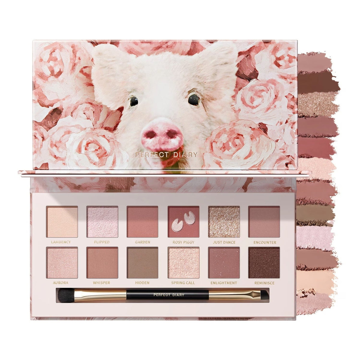 Official Piggy Rose Pink palette showing 12 shades and applicator