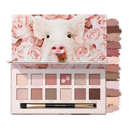 Official Piggy Rose Pink palette showing 12 shades and applicator