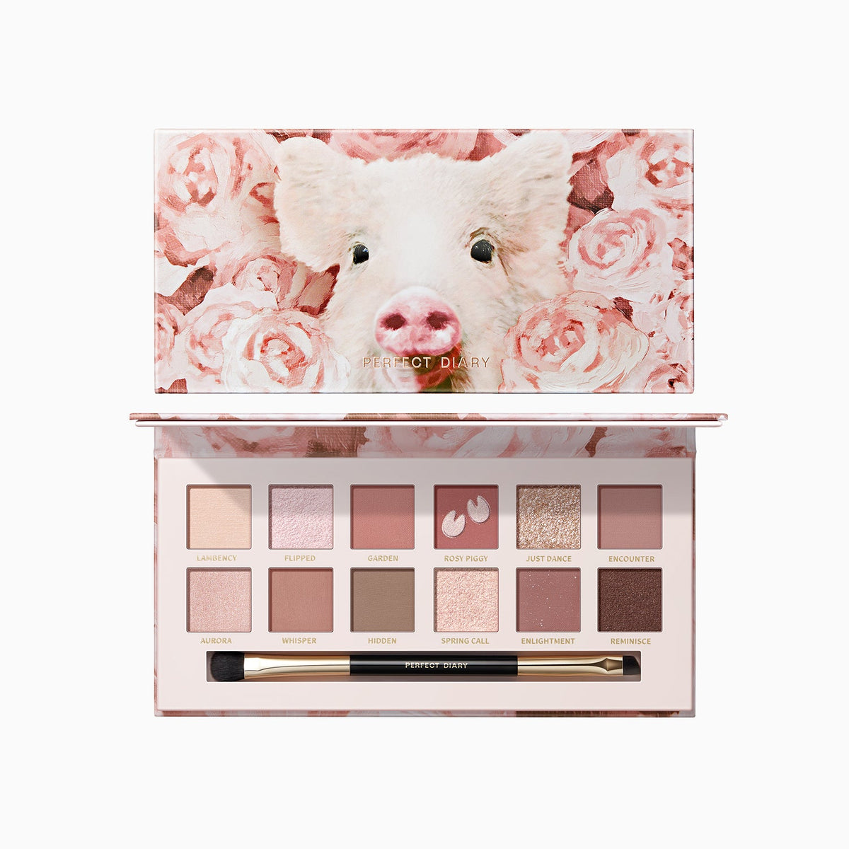 Official PERFECT DIARY Explorer Piggy Rose Pink 12-shade palette, closed and open, on white
