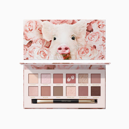 Official PERFECT DIARY Explorer Piggy Rose Pink 12-shade palette, closed and open, on white