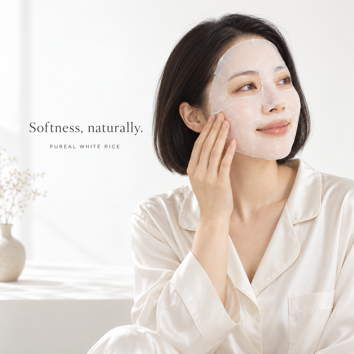 Illustrative Japanese model applying a facial sheet mask