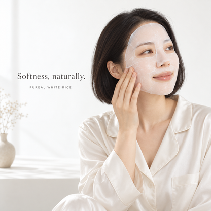 Illustrative Japanese model applying a facial sheet mask
