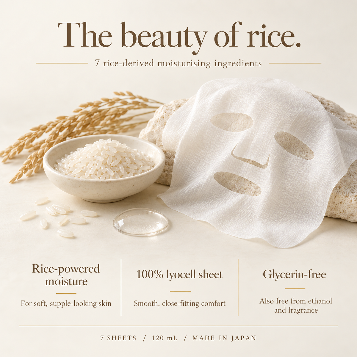Seven rice-derived moisturizing ingredients, lyocell sheet and glycerin-free formula