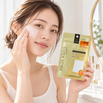 Japanese model applying a partial sheet and holding Super VC100 Shot X pouch